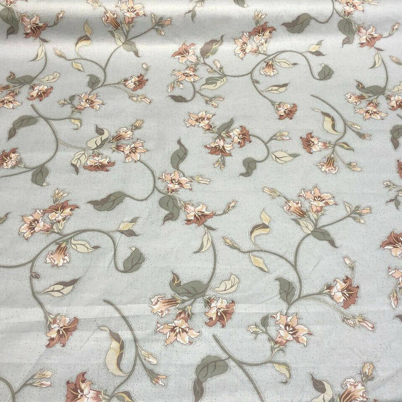 Louis Nichole Vintage Cotton Fabric - Gray Floral Pink Green Floral Design, 56" Width, 27" Horizontal Repeat, 30.5" Vertical Repeat (1 Yard)