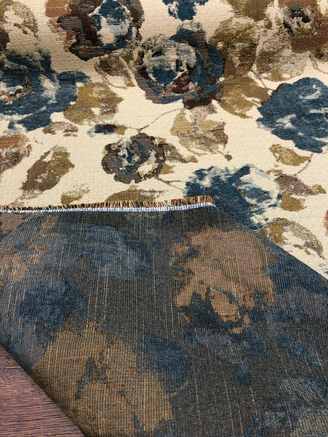 Water Floral Tapestry Upholstery Fabric - Teal Gold Light Browns, 56" Width (1 Yard)