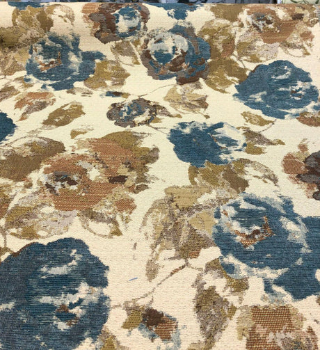 Water Floral Tapestry Upholstery Fabric - Teal Gold Light Browns, 56" Width (1 Yard)