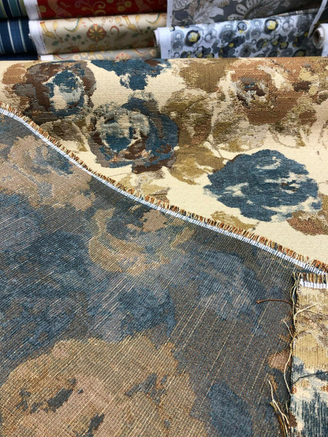 Water Floral Tapestry Upholstery Fabric - Teal Gold Light Browns, 56" Width (1 Yard)