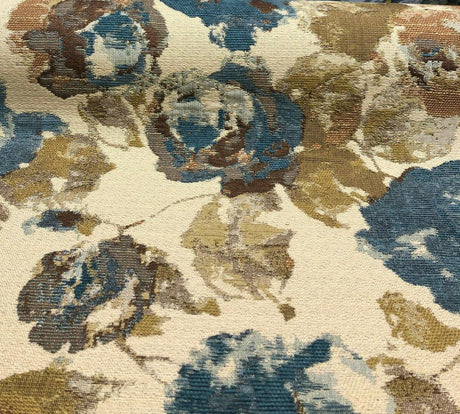 Water Floral Tapestry Upholstery Fabric - Teal Gold Light Browns, 56" Width (1 Yard)