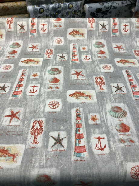 Waverly Sun N Shade Beach Comber Gray Sandcastle Polyester Fabric - Gray, Beige, Burnt Orange, Tan, Aqua, 54" Width (1 Yard)