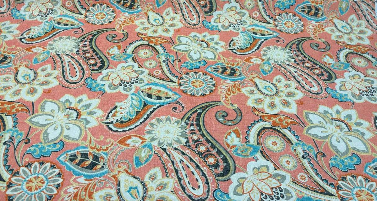 Waverly Sun N Shade Wild Card Peachtini 100 Percent Polyester Fabric - Pink, Taupe, Aqua, Green, Orange, Yellow, White, 54" Width (1 Yard)