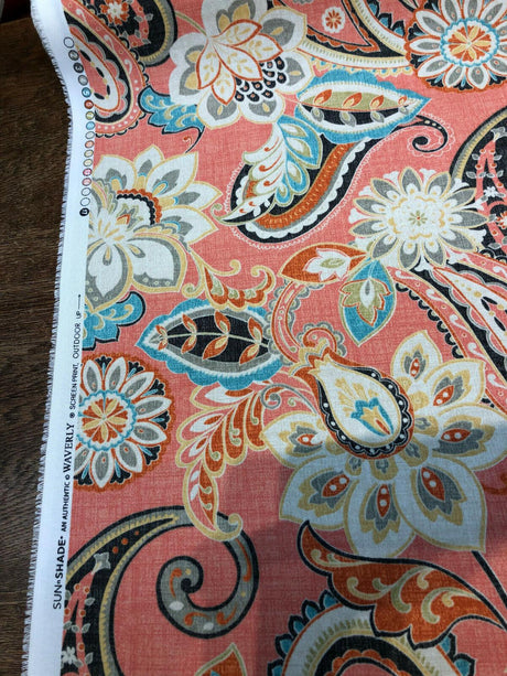 Waverly Sun N Shade Wild Card Peachtini 100 Percent Polyester Fabric - Pink, Taupe, Aqua, Green, Orange, Yellow, White, 54" Width (1 Yard)