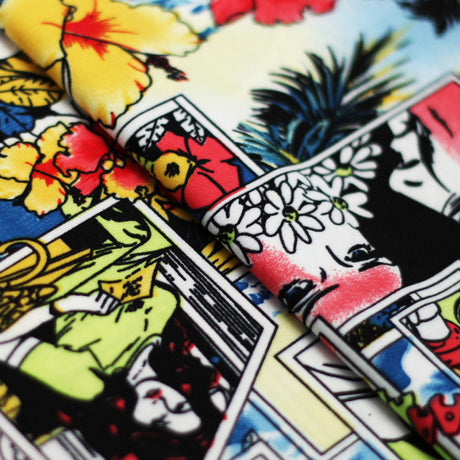Comic Daze Polyester Spandex Fabric - Multicolor/Black White Comic Book Print, 58/60" Width (1 Yard)