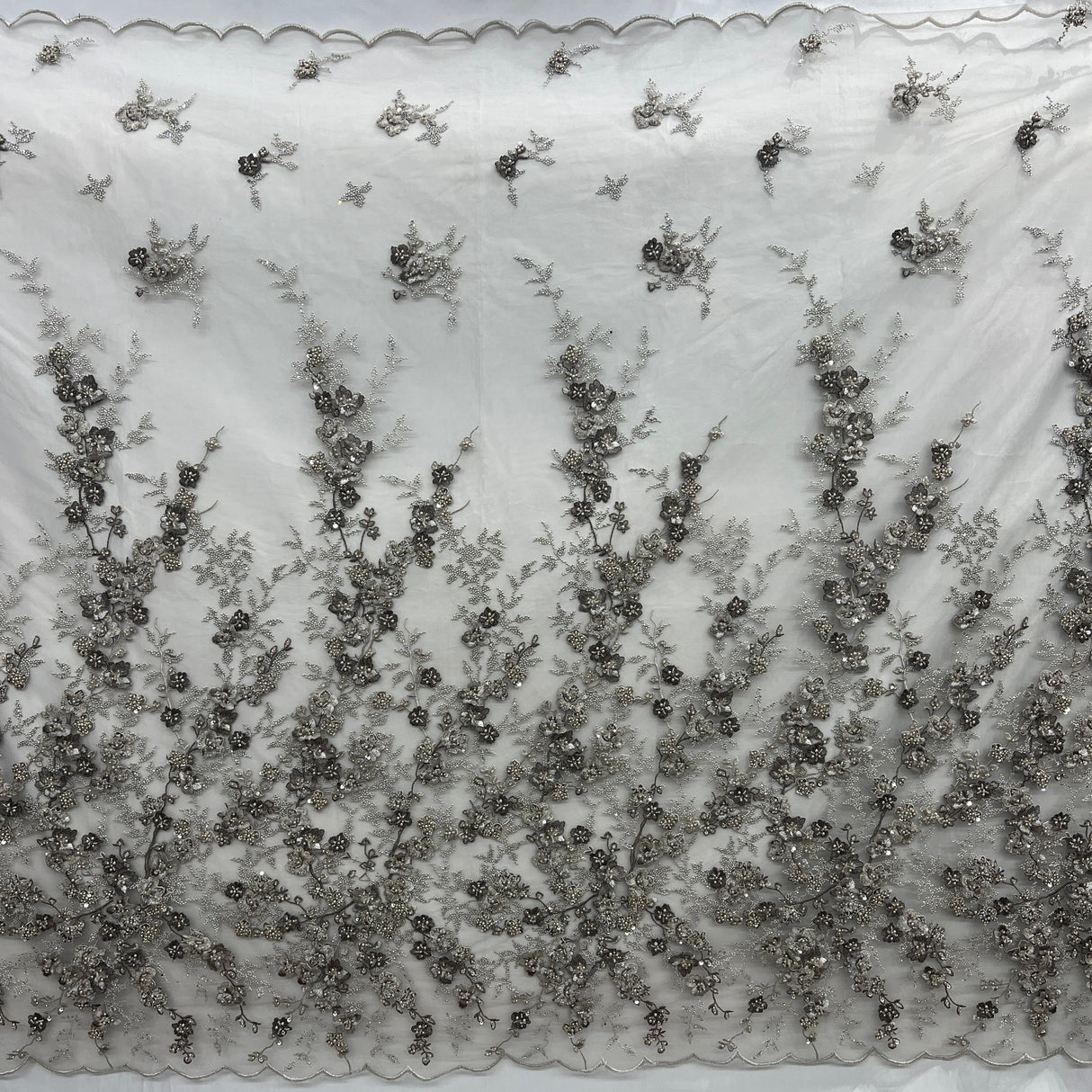 Beaded 3D Floral Multitone Lace Fabric - Sage, 56" Width (1 Yard)