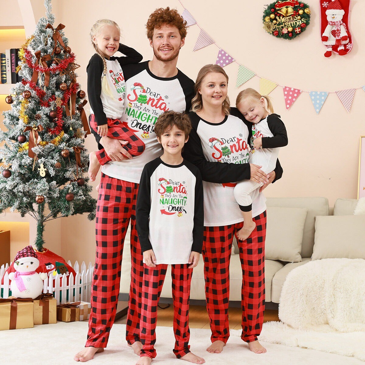 Christmas Pajamas Outfits Sets Letter Plaid Splicing Printed