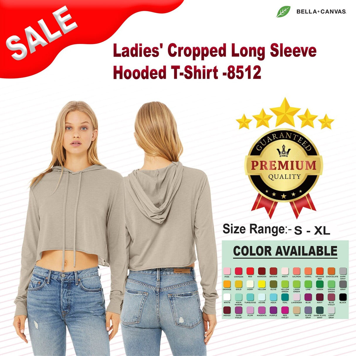 Bella + Canvas® Ladies Cropped Long Sleeve Hooded T Shirt