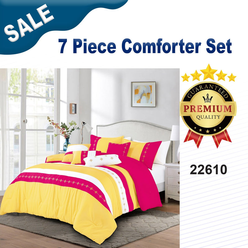 Yellow & Pink Boho Embroidery 7 Pieces Comforter Set