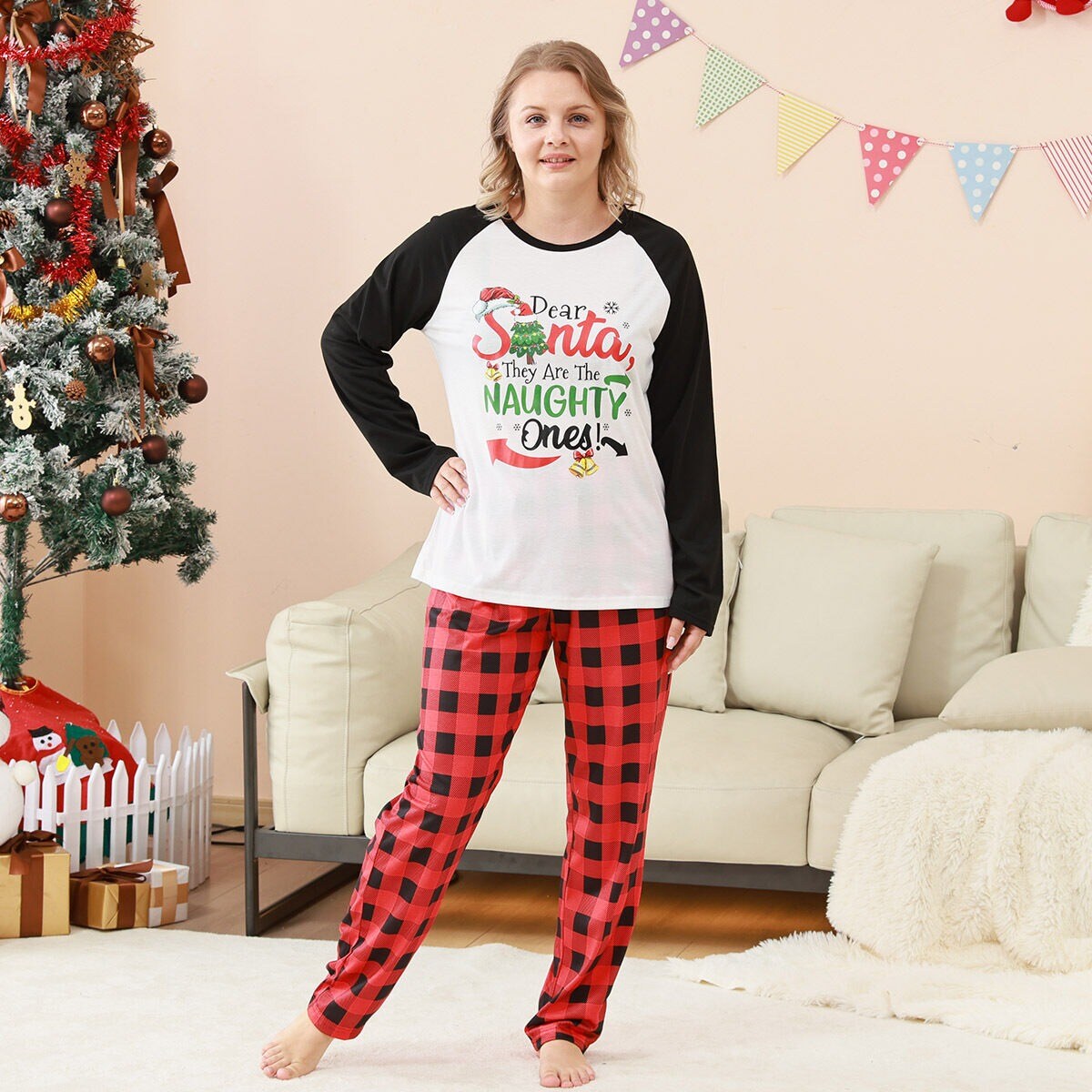 Christmas Pajamas Outfits Sets Letter Plaid Splicing Printed