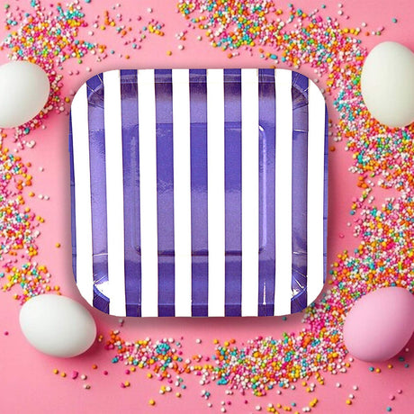 8 Ct. Purple Striped Square Paper Dessert Plates Bold Party Tableware 7 1/4"