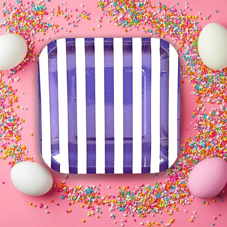 8 Ct. Purple Striped Square Paper Dessert Plates Bold Party Tableware 7 1/4"