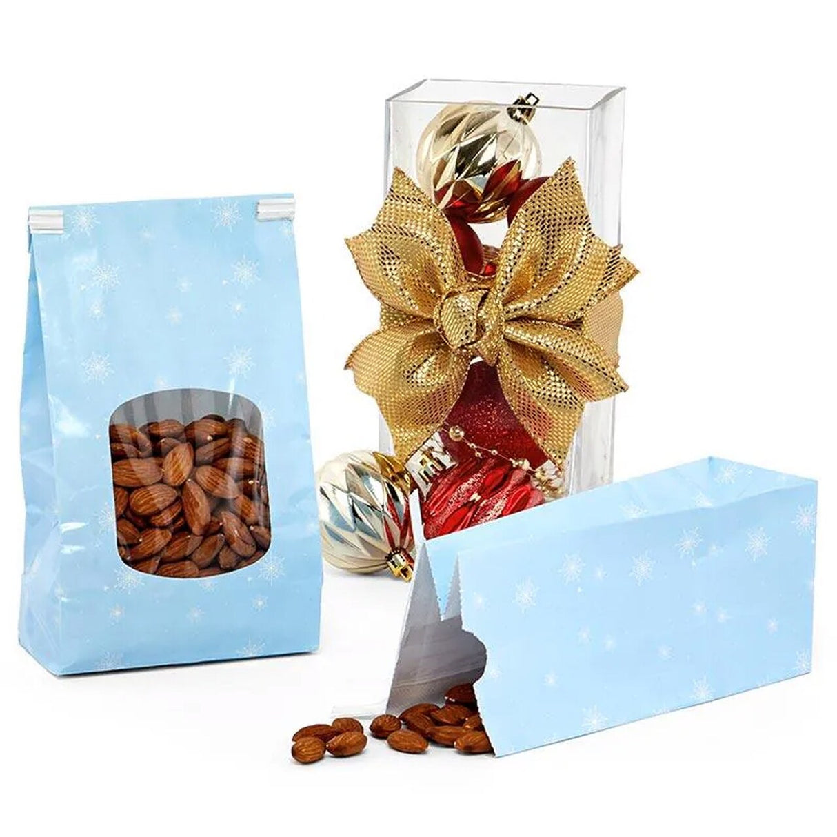 3 3/8” x 2 1/2” x 7 3/4” Snowflake Tin Tie Bags for Holiday Gifts