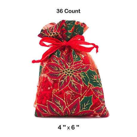 Red Poinsettias Sheer Fabric Bag 4” x 6” for Holiday Gifts