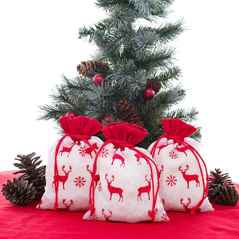 White & Red Christmas Deer Fabric Bag 6” x 8” Holiday Packaging
