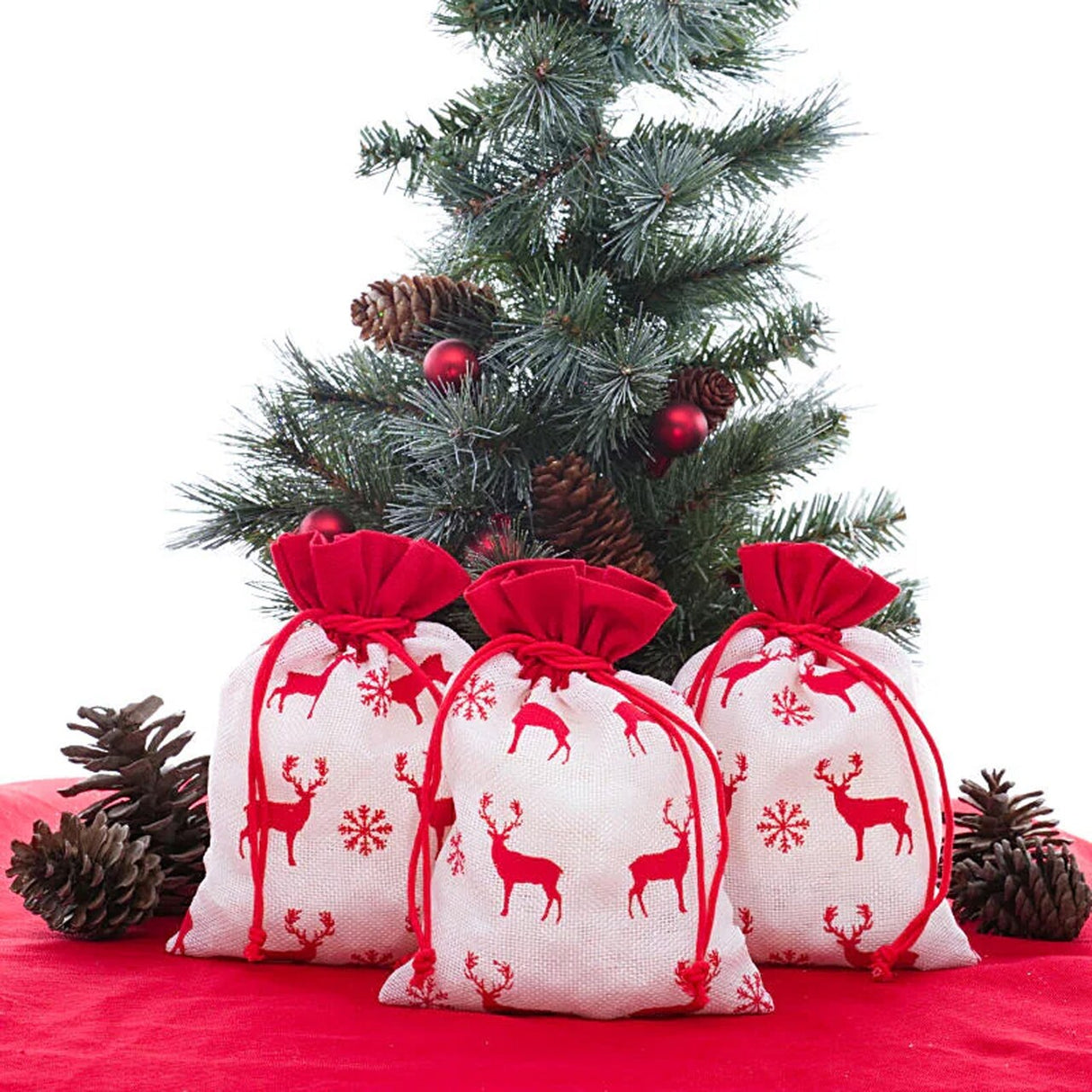White & Red Christmas Deer Fabric Bag 6” x 8” Holiday Packaging