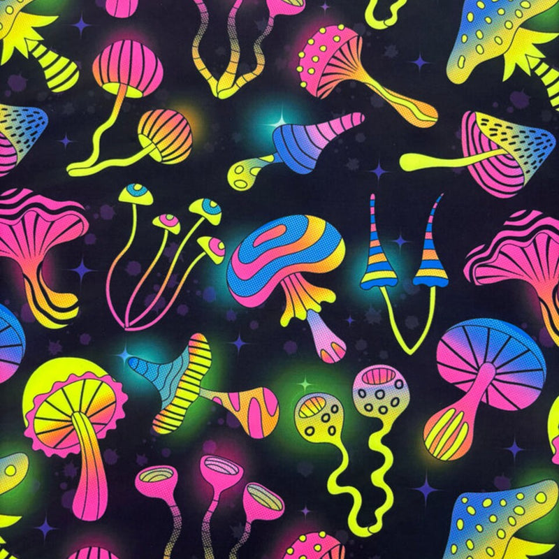 1 Yard Black Trippy Mushroom Spandex Fabric for Costumes and Swimwear 58"/60" Width
