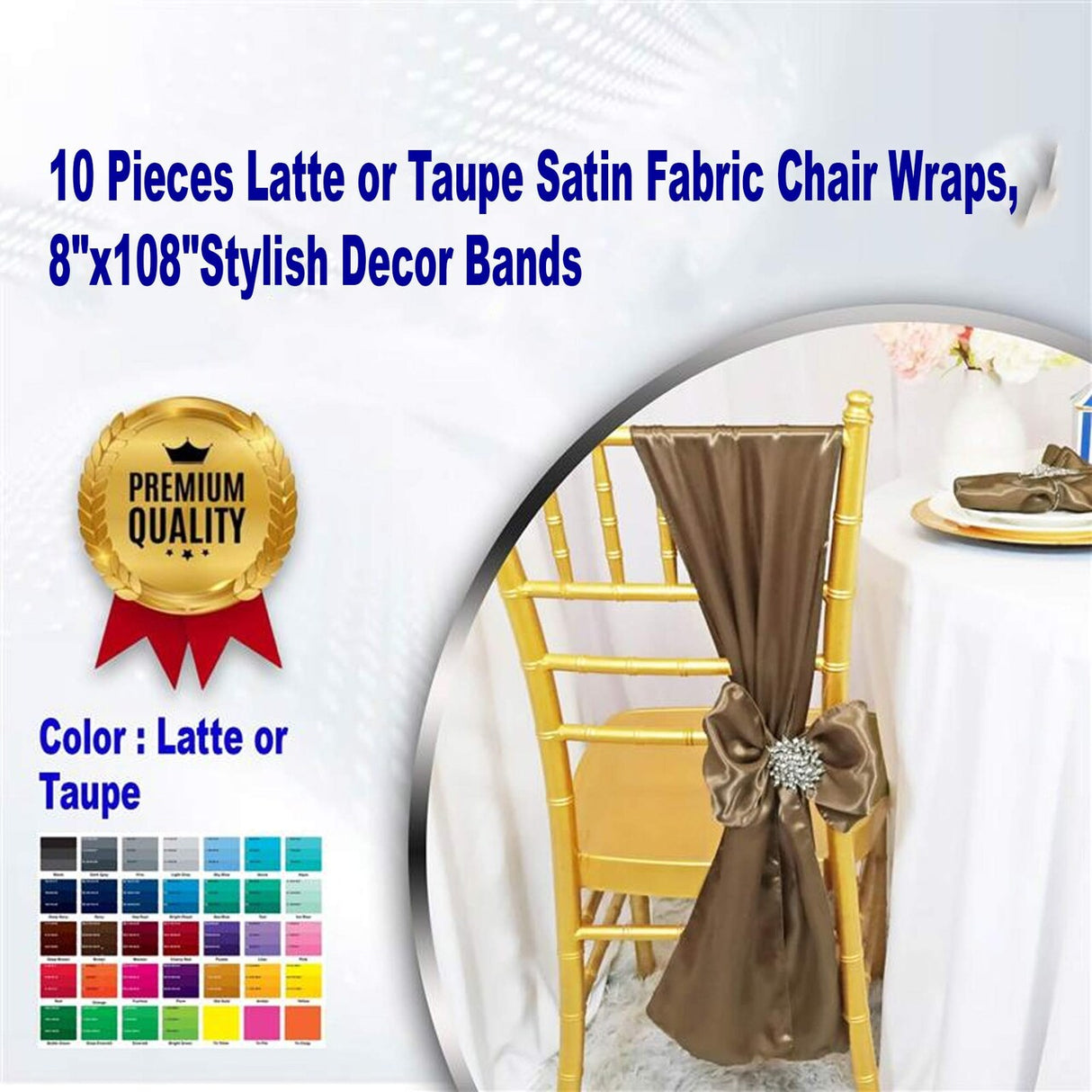 10 Pieces Latte Satin Fabric Chair Wraps, 8"x108" Stylish Decor Bands