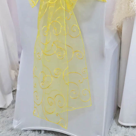 10 Pieces Canary Yellow Embroidered Organza Chair Sashes, Sheer 8"x108" Elegant Decor