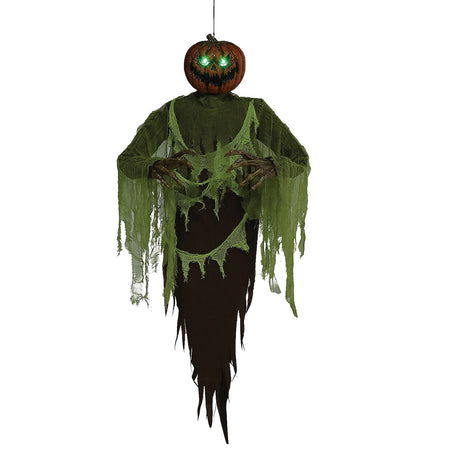 60" Halloween Pumpkin Prop Hanging Scarecrow with Green LED Eyes, Battery Powered