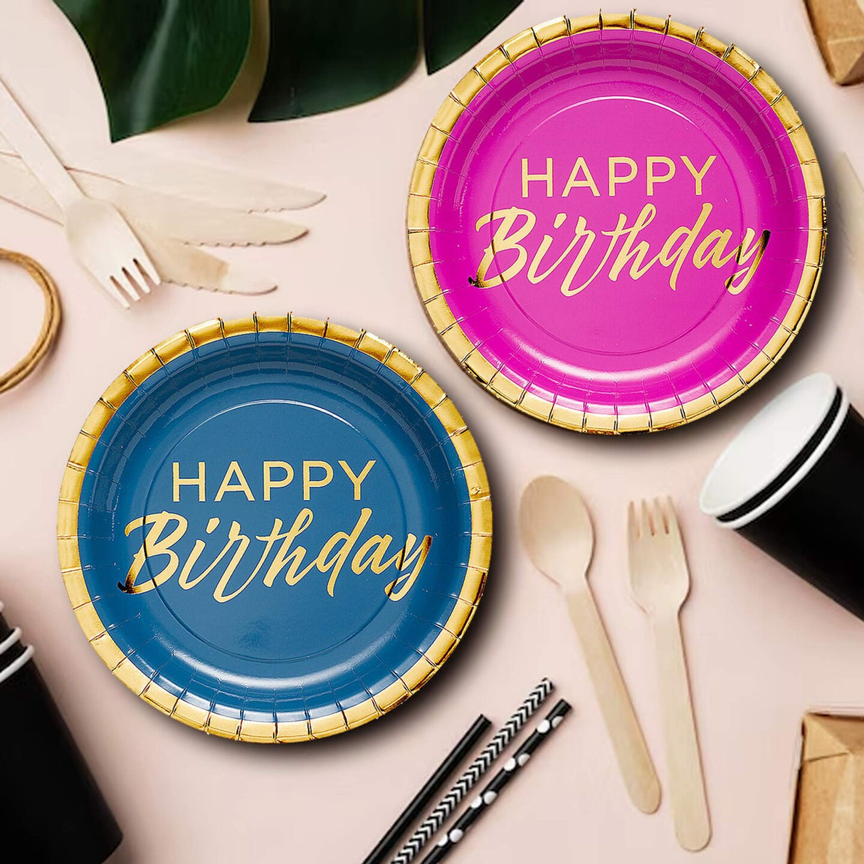 8 Count Gold Foil Happy Birthday Dinner Plates 9.25" Colorful Party Paper Plates for Celebrations