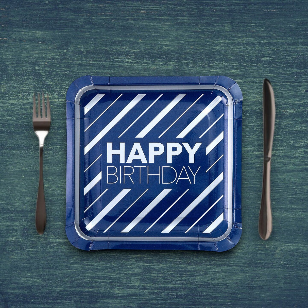 8 Count Happy Birthday Blue & Silver Square Paper Dinner Plates 9.25" Stylish Disposable Party Plates