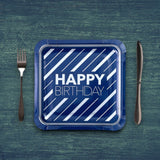 8 Count Happy Birthday Blue & Silver Square Paper Dinner Plates 9.25" Stylish Disposable Party Plates