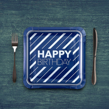 8 Count Happy Birthday Blue & Silver Square Paper Dinner Plates 9.25" Stylish Disposable Party Plates