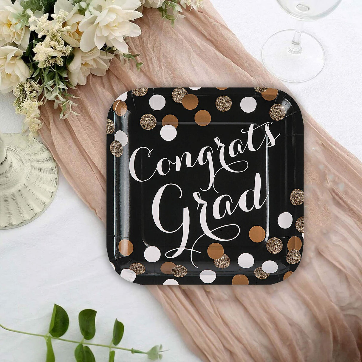 8 Count Black and Gold Congrats Graduation Party Square Paper Dinner Plates 9 1/4 Inch