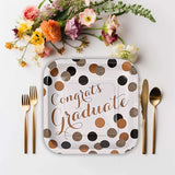 8 Count Black and Gold Graduation Party Congrats Graduate Square Paper Dessert Plates 7 Inch