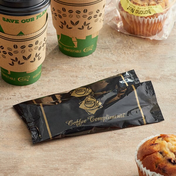Double Serving Hot Beverage Condiment Kit with Napkin and Black / Gold Packaging - 500/Case