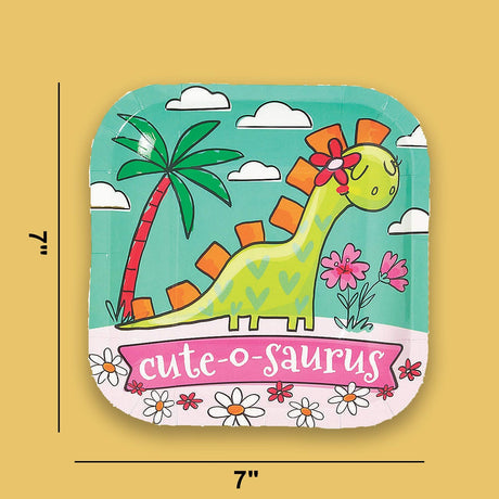 8 Count Girl Dinosaur Party Cute-O-Saurus Square Paper Dessert Plates 6.5" Birthday Plates