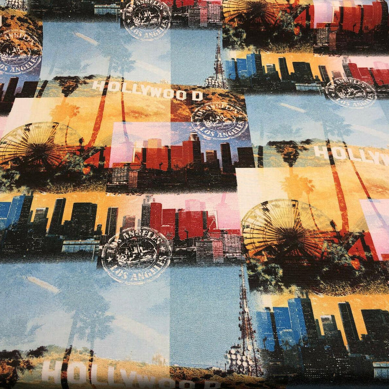 Los Angeles Hollywood Cotton Fabric - Yellow, Blue, Red, Black Printed Duck, 54" Width (By The Yard)