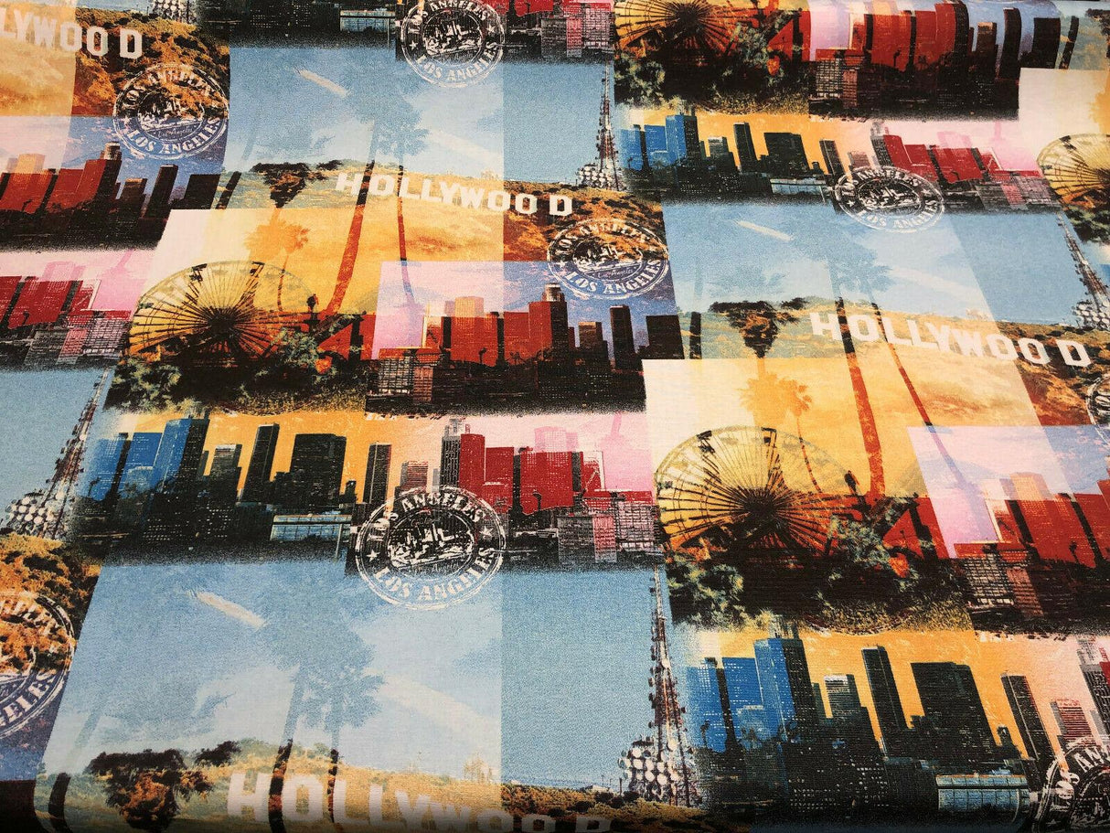 Los Angeles Hollywood Cotton Fabric - Yellow, Blue, Red, Black Printed Duck, 54" Width (By The Yard)