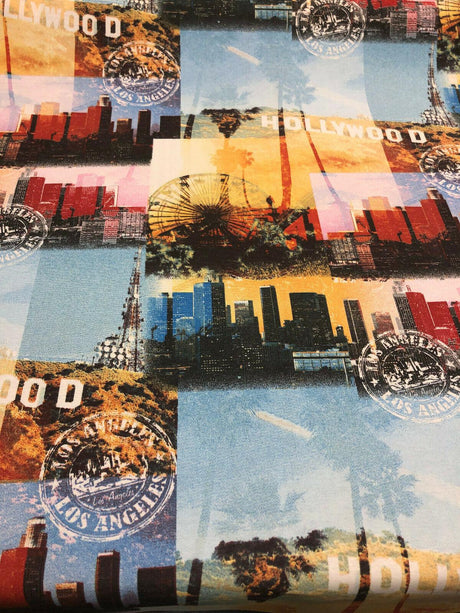 Los Angeles Hollywood Cotton Fabric - Yellow, Blue, Red, Black Printed Duck, 54" Width (By The Yard)