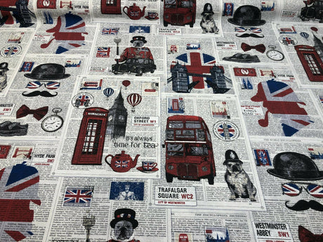 British Westminster Abbey London Cotton Fabric - Oxford Street, Westminster Abbey, Trafalgar Square, Big Ben, Red Blue White Black, 54" Width (By The Yard)