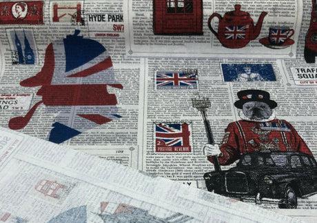 British Westminster Abbey London Cotton Fabric - Oxford Street, Westminster Abbey, Trafalgar Square, Big Ben, Red Blue White Black, 54" Width (By The Yard)