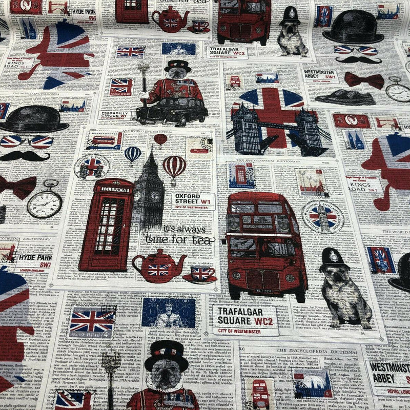 British Westminster Abbey London Cotton Fabric - Oxford Street, Westminster Abbey, Trafalgar Square, Big Ben, Red Blue White Black, 54" Width (By The Yard)