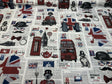 British Westminster Abbey London Cotton Fabric - Oxford Street, Westminster Abbey, Trafalgar Square, Big Ben, Red Blue White Black, 54" Width (By The Yard)