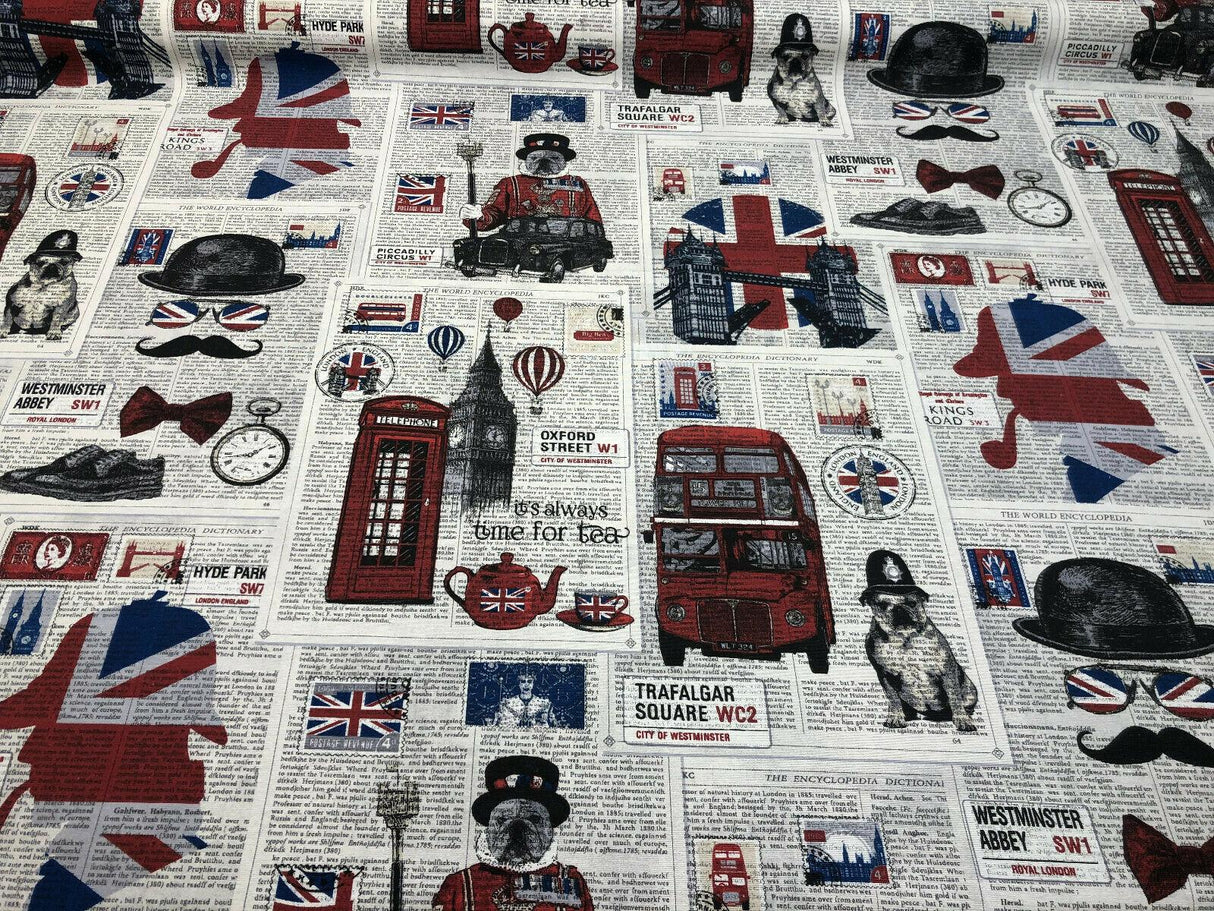 British Westminster Abbey London Cotton Fabric - Oxford Street, Westminster Abbey, Trafalgar Square, Big Ben, Red Blue White Black, 54" Width (By The Yard)