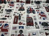 British Westminster Abbey London Cotton Fabric - Oxford Street, Westminster Abbey, Trafalgar Square, Big Ben, Red Blue White Black, 54" Width (By The Yard)
