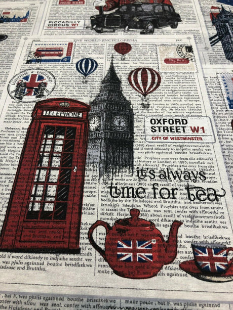 British Westminster Abbey London Cotton Fabric - Oxford Street, Westminster Abbey, Trafalgar Square, Big Ben, Red Blue White Black, 54" Width (By The Yard)