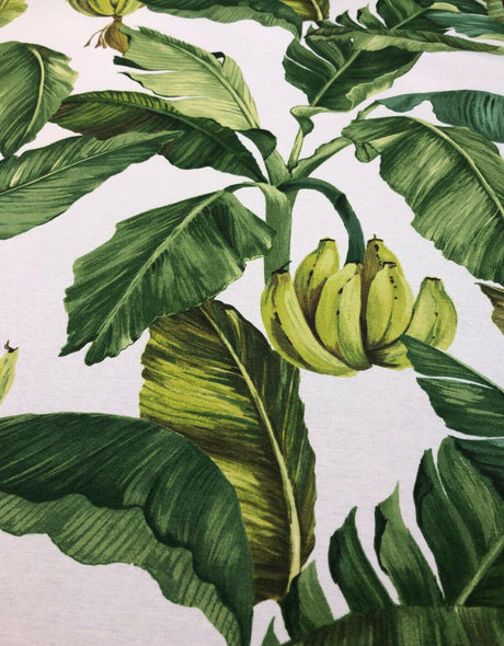 Jamaica Cotton Fabric - Green White Banana Leaves Print, 54" Width (1 Yard)