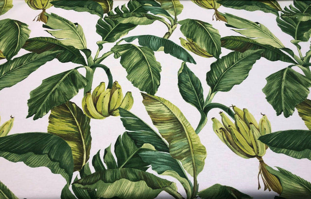 Jamaica Cotton Fabric - Green White Banana Leaves Print, 54" Width (1 Yard)