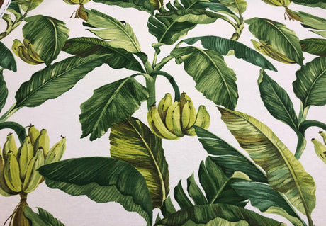 Jamaica Cotton Fabric - Green White Banana Leaves Print, 54" Width (1 Yard)