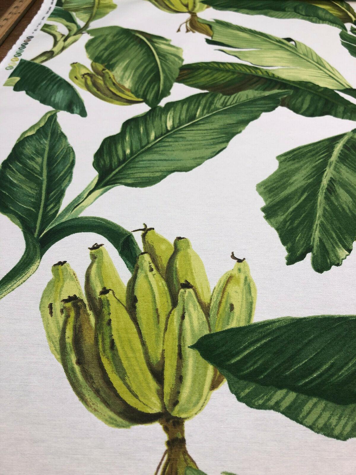 Jamaica Cotton Fabric - Green White Banana Leaves Print, 54" Width (1 Yard)