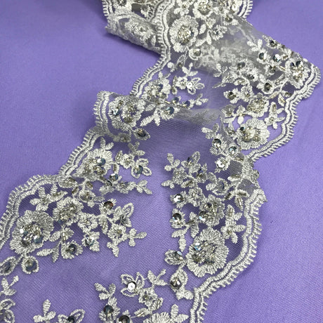 Beaded Double Sided Lace Trimming Polyester Fabric - Embroidered Beaded Net Mesh, 6" Width (1 Yard)