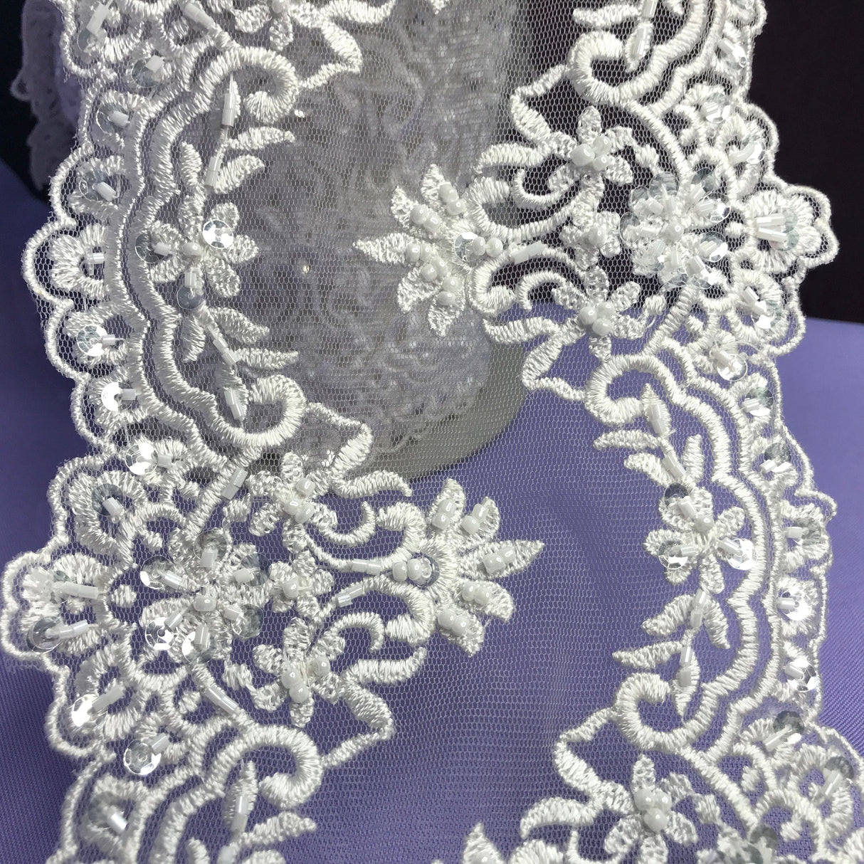 1 Yard Beaded Double Sided Lace Trimming Embroidered on 100% Polyester Net Mesh 6? Wide