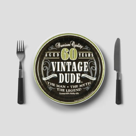 60th Birthday Vintage Dude Paper Dessert Plates 7 Inch for Party and Celebration Decor