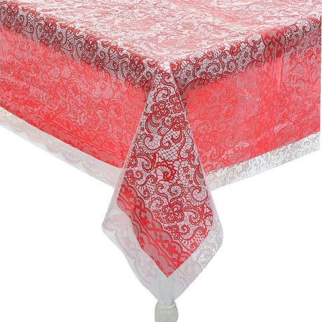 White Lace-Printed & Light Pink Rectangle Disposable Plastic Tablecloth Kit - 2 Pc.